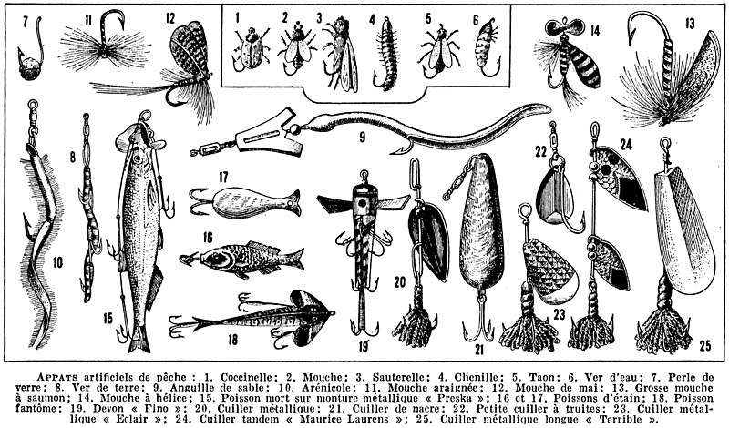 File:Appats. Planche - Fishing baits (luring substance) and lures, historical, plate with line illustrations, etc. - Public domain illustration from Larousse du XXème siècle 1932.jpg