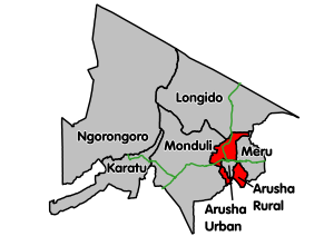 Posizione del distretto rurale di Arusha all'interno della regione di Arusha