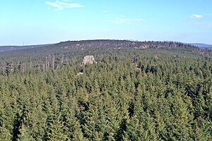 View from the tower of the Hanskühnenburg over the forest landscape of Auf dem Acker past the Hanskühnenburg cliff towards the northeast;  the telecommunications tower at the goldfinch corner (left) and the Brocken (right) can be seen on the horizon