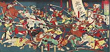 An ukiyo-e print depicting the Battle of Batogahara. In his early days as daimyo of Mikawa, Ieyasu had difficult relations with the Jodo temples which escalated in 1563-1564. Azukizaka 1564.JPG