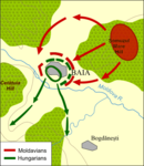 Baiaの戦闘図、ハンガリー軍の防御ないし包囲戦略の性格を有する典型的な荷馬車陣形が描かれている。マーチャーシュは後方で矢により負傷した。