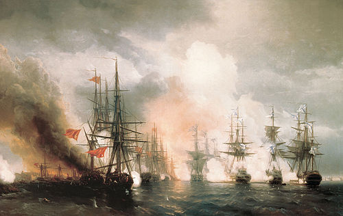 The Russian destruction of the Turkish fleet at the Battle of Sinop on 30 November 1853