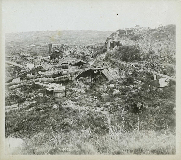 Destroyed dugouts and shelters; before the war, most of the terrain was wooded