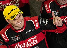 Brodie Kostecki scored pole position for Erebus Motorsport and Chevrolet. Brodie Kostecki celebrating after winning Race 18 at the 2023 Beaurepaires Sydney SuperNight.jpg