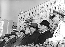 Leonid Brezhnev with Erich Honecker on the 30th anniversary of the founding of the GDR (1979) Bundesarchiv Bild 183-U1007-0005, Berlin, 30. Jahrestag DDR-Grundung, Parade.jpg
