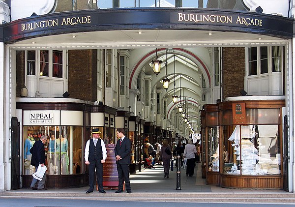 North entrance to the Burlington Arcade, with beadle in attendance