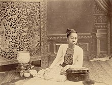 In this colonial-era photo, a woman is dressed in a yinkhan (bodice), and htaingmathein (jacket). Burmese lady in traditional costume in the 1890s.jpg