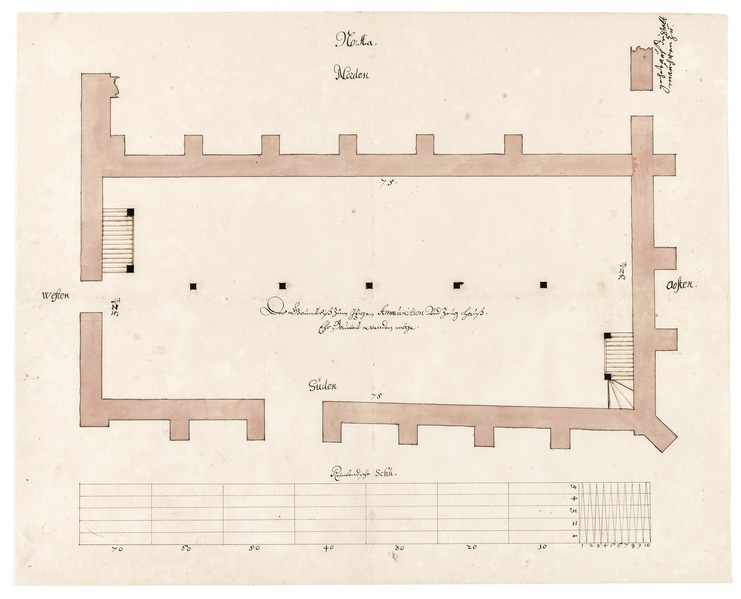 File:Byggnadsritning för ombyggnad av S-t Georg kyrka till tyghus och magasin, 1670-tal - Skoklosters slott - 98946.tif