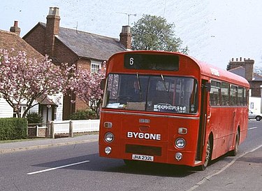 A Bygone liveried Marshall-bodied Leyland Leopard en route to Goudhurst Bygone bus JHA232L.jpg