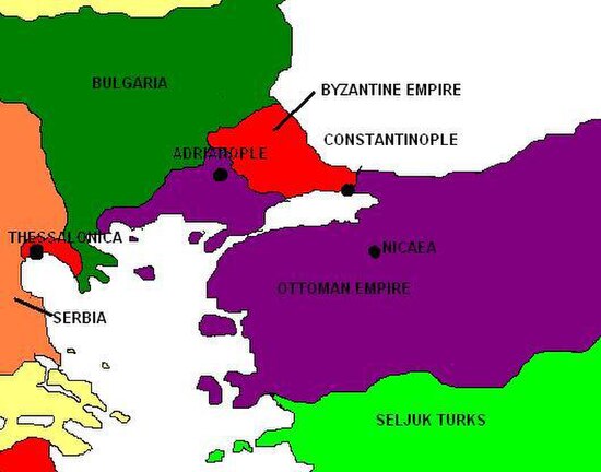 Byzantium (in red) in 1369, after the Ottomans conquered the city of Adrianople