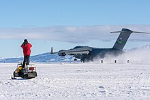 Acceptance tests of the Phoenix Runway for wheeled aircraft at McMurdo Station with a Boeing C-17. C-17 tests Phoenix snow runway for wheeled aircraft at McMurdo Station -- Antarctica -- November 2016.jpg