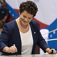 Boykin in 2017, signing a steel plate used to begin the construction of USS Enterprise (CVN-80) CVN80 First Cut of Steel (cropped).jpg