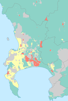 Geographical distribution of home languages in Cape Town (2011)
Afrikaans
English
Xhosa
No population or no language dominant Cape Town dominant language map.svg