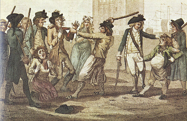 The British Army's press gang at work in British ports, depicted in a 1780 British illustration