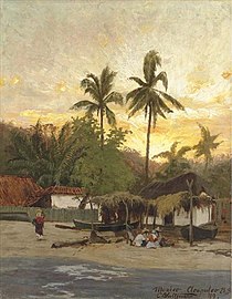 Painting of a sandy beach, sun setting behind it, seen from the water. People sit by a hut with two longboats. A woman carries a basket on her head up the beach toward a tile-roof house. Lush forest is silhouetted against the late sunset.