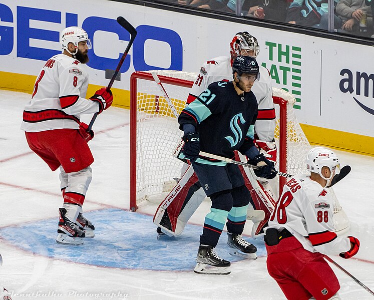 File:Carolina Hurricanes at Seattle Kraken - October 17, 2022 - Alexander Wennberg, Frederik Andersen, Martin Nečas and Brent Burns (52438434670).jpg