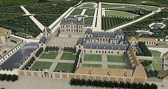 Vue cavalière du château de Chaville, du côté de l'entrée, vers 1700. Restitution 3D Franck Devedjian et Hervé Grégoire, 2014.