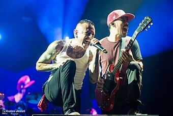 Linkin Park has had three number-one songs and have spent 28 weeks atop the chart. The band also holds the record for most songs (23) to chart in a single week. Chester-Shinoda-montreal-2014.jpg