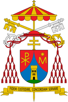 Coat of arms of cardinal Bertone during the 2013 Sede vacante. Coat of arms of Tarcisio Bertone (Camerlengo).svg