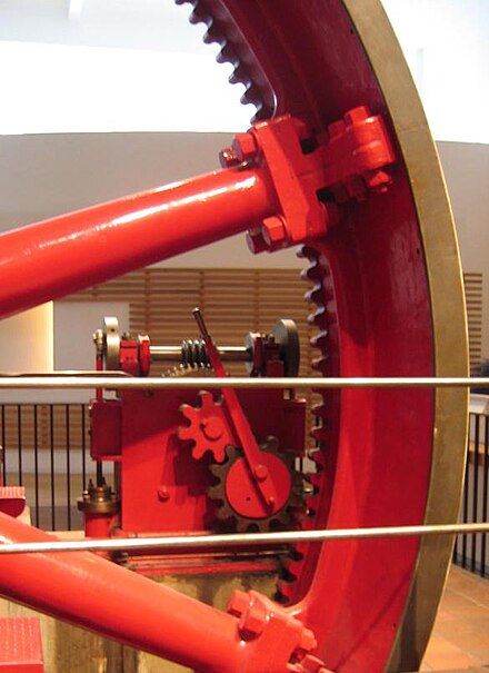 Barring engine on a large 1903 mill engine.
Note the drive by internal gear teeth. Corliss barring engine, Science Museum.jpg