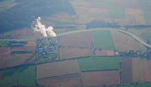 Grohnde nuclear power plant on the Weser river, the village of Grohnde is visible to the right DE KKW Grohnde.jpg