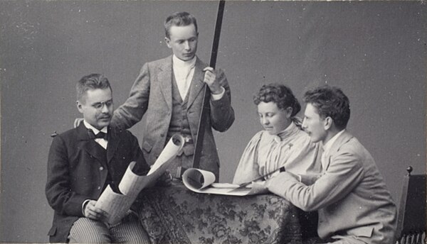 Armas Lindgren, Eliel Saarinen, Albertina Östman, and Herman Gesellius in the late 1890s