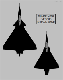 Dassault Mirage 4000 және Mirage 2000B жоғары көрінісі бар silhouette Comparison.png