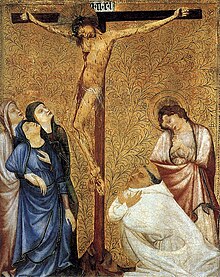 Jean de Beaumetz. Christ on the Cross with a Praying Carthusian Monk. (ca. 1335) [Museum of Art, Cleveland] "The picture is one of the 26 panels that once adorned the cells of the Carthusian monastery at Champmol near Dijon." Dijon - Chartreuse de Champmol, crucifixion.jpg