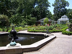 Sculpture gardens, conservatory, and fountain