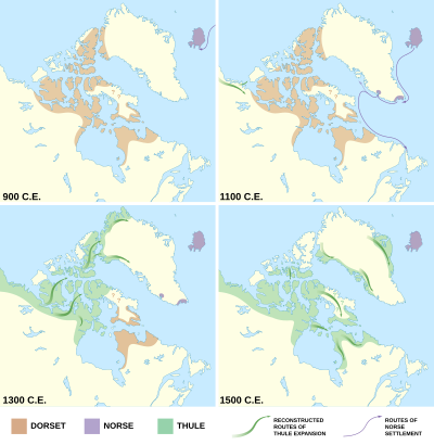 Maps showing the decline of the Dorset culture and the rise of the Thule people from c. 900 to 1500 Dorset, Norse, and Thule cultures 900-1500.svg