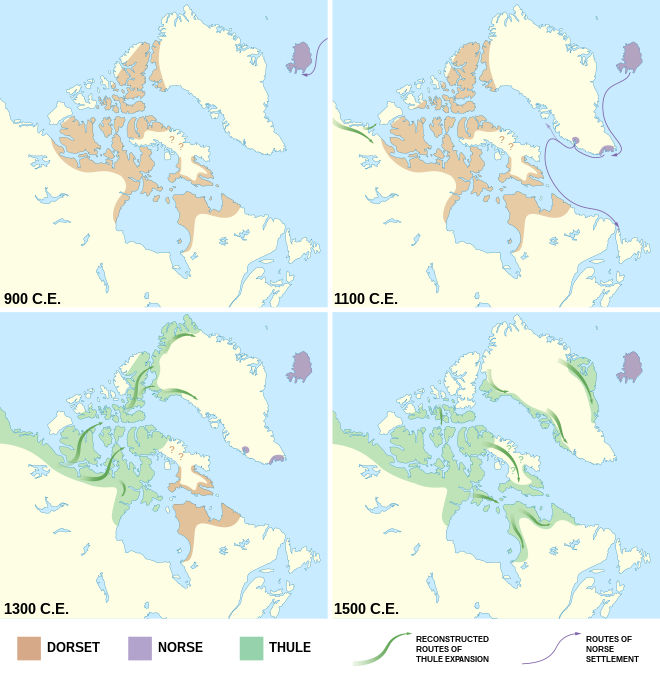 Estimated extent of Arctic cultures in Greenland from 900 AD to 1500 AD. Colored areas on each map indicate the extent and migration patterns over time of the Dorset, Thule, and Norse cultures.