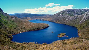 Dove Lake from the south.  The Artillery Knob is on the east bank (right)