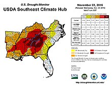 United States Drought Monitor image from November 22, 2016, showing exceptional drought across the Smoky Mountains of east Tennessee and southwest North Carolina. Drought Monitor image of the southeastern U.S. for November 22, 2016 showing exceptional drought across the Smoky Mountains of east Tennessee and western North Carolina.jpg