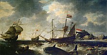 One of the oldest known whaling paintings, by Bonaventura Peeters, depicting Dutch whalers at Spitzbergen c. 1645 Dutch Whaling Scene Bonaventura Peeters.JPG