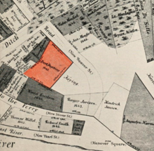 map of a portion of New Amsterdam showing land owned by Evert Duycking