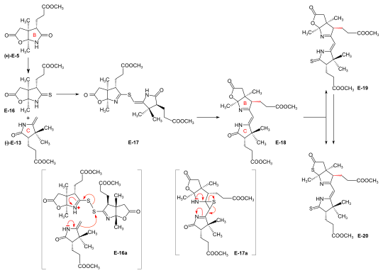 Figure 23: ETH synthesis of the B-C-component: coupling of the ring B and C precursors (implementation of C/C-coupling by the sulfide-contraction method) ETH BC Component.svg