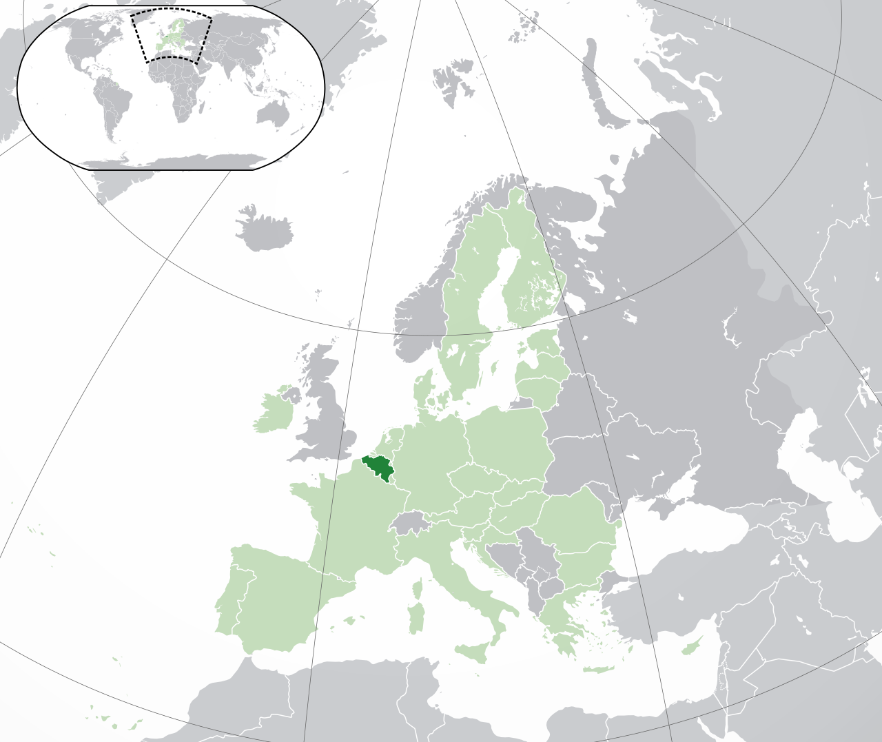 Location of Belgium (dark green) – in Europe (green & dark grey) – in the European Union (green)
