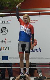 Ellen van Dijk on the podium after winning the title in 2012 Ellen van Dijk - NK tijdrijden 2012 podium(2).JPG