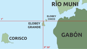 Placering af Elobey Grande ud for kysten af ​​Ækvatorial Guinea ("Rio Muni") og Gabon