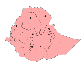 Etyopya'nın bölgeleri ve özel yönetimli şehir bölgeleri ⓘ