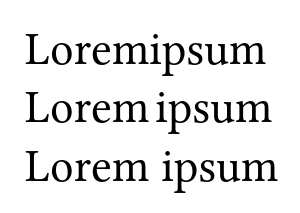 Spacing examples. The top row is unspaced, the middle row has a thin space between the words, and the bottom has a regular space. Example of thin space.svg