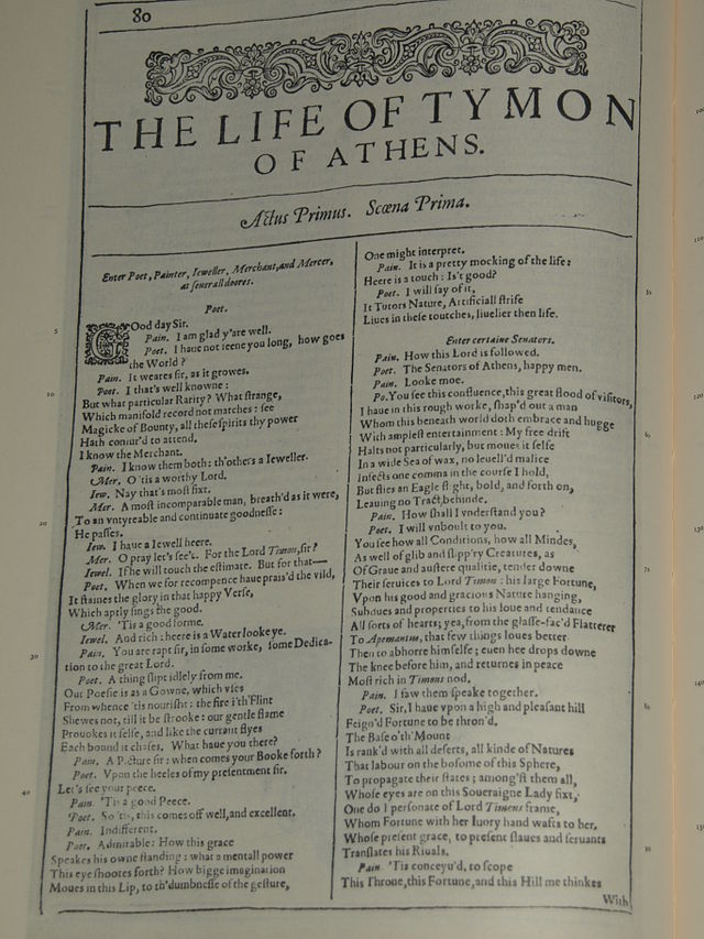 Faksimil av första sidan i The Life of Tymon of Athens från First Folio, publicerad 1623