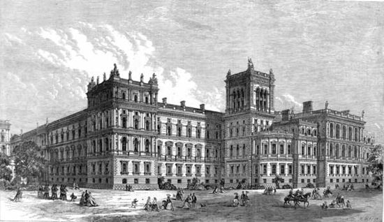 The western or park end of the Foreign and Commonwealth Office's building in 1866. It was then occupied by the Foreign and India Offices, while the Home and Colonial Offices occupied the Whitehall end.