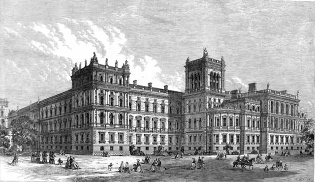 The western end of the FCDO Main Building in 1866, facing St James's Park. It was then occupied by the Foreign and India Offices, while the Home and C