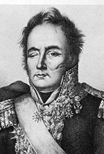 Black and white print shows a man with a deep scar in his left cheek and a damaged right eye who is dressed in an early 1800s general's uniform.