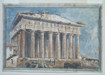 Akvarel: gammelt tempel, facade med fronton
