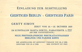 Gerty Simon - Einladung zur Ausstellung 'Geistiges Berlin - Geistiges Paris', 1929