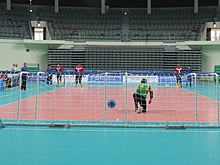 Australia in a penalty situation seeking to defend a Belgium throw, at the IBSA World Games, Seoul, South Korea (May 2015). Goalball-2015 IBSA World BEL-AUS M throw penalty.jpg