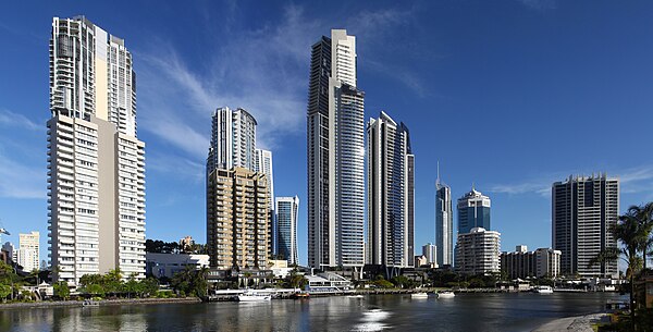 Gold coast skyline view from Nerang River, Chevron Island.