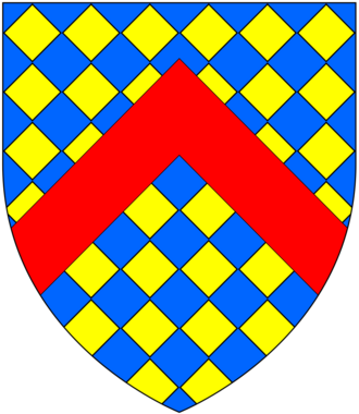 Arms of Gorges (modern): Lozengy or and azure, a chevron gules. These arms resulted from the famous 1347 heraldry case of Warbelton v Gorges GorgesArms(Modern).png